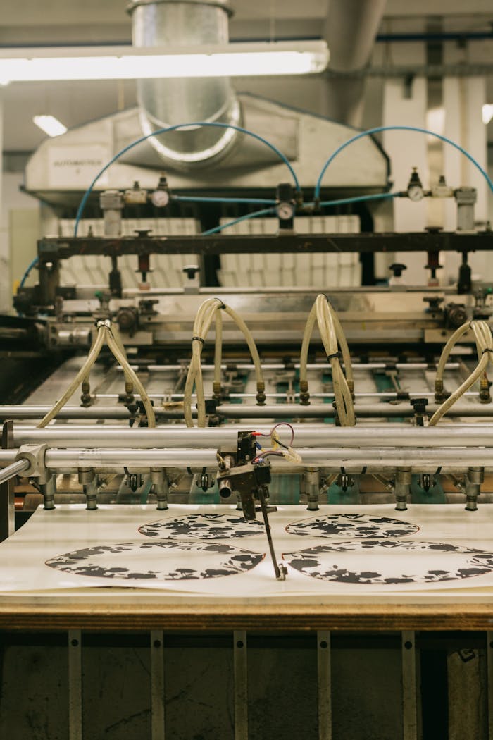 About Close-up view of a printing machine inside a Porto factory, showcasing industrial automation.